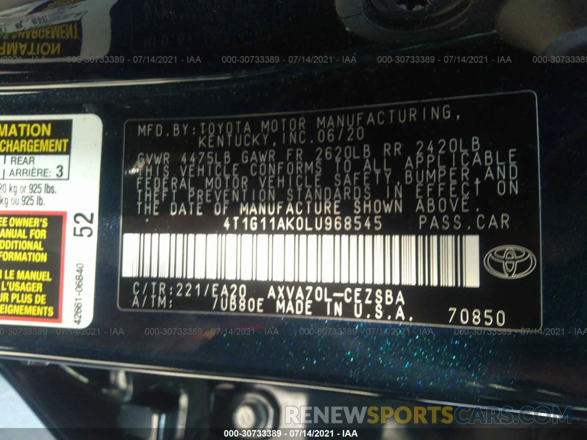 9 fotografías del automóvil dañado 4T1G11AK0LU968545 TOYOTA CAMRY 2020