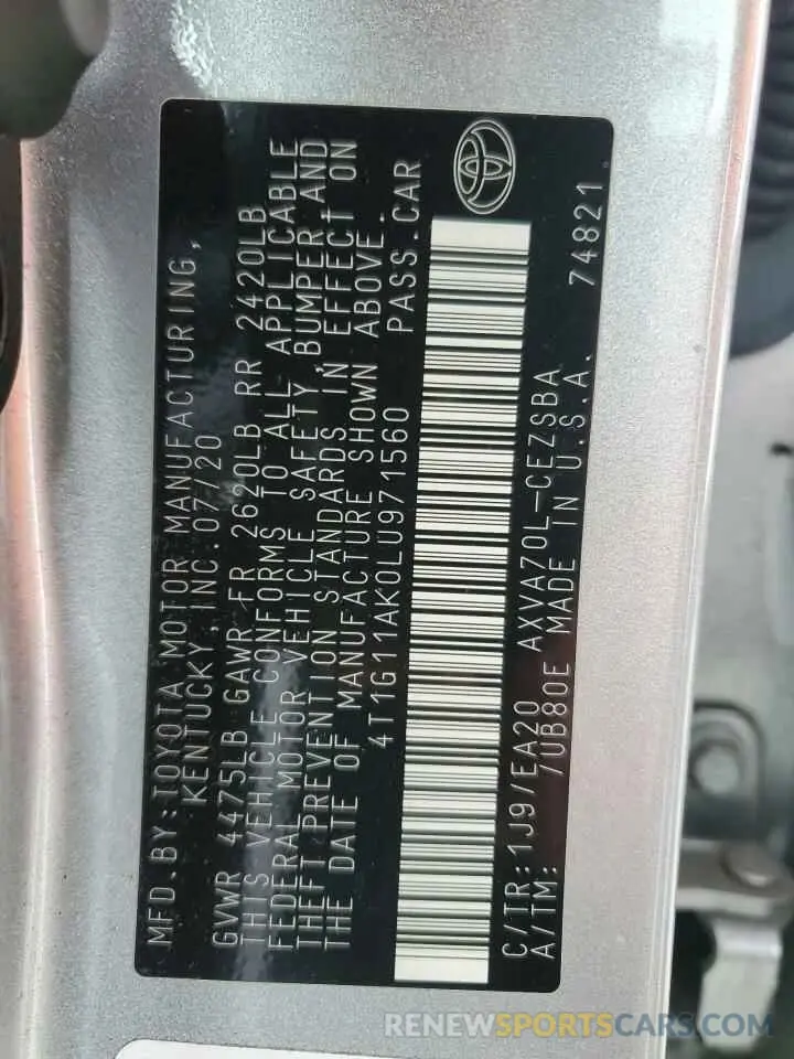 13 fotografías del automóvil dañado 4T1G11AK0LU971560 TOYOTA CAMRY 2020