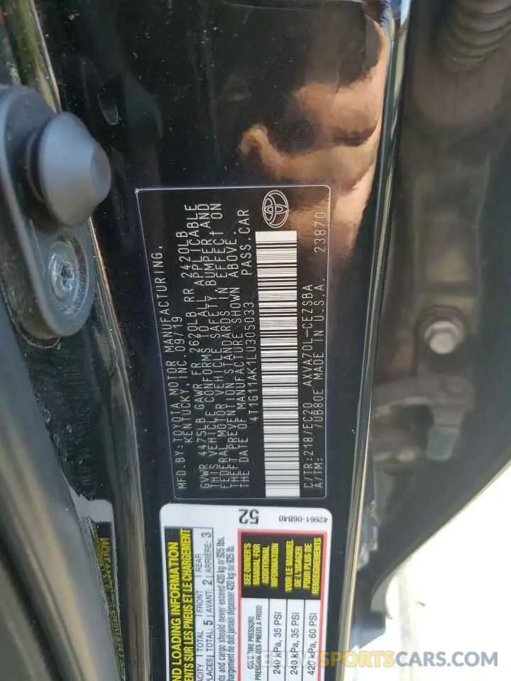 12 fotografías del automóvil dañado 4T1G11AK1LU305033 TOYOTA CAMRY 2020