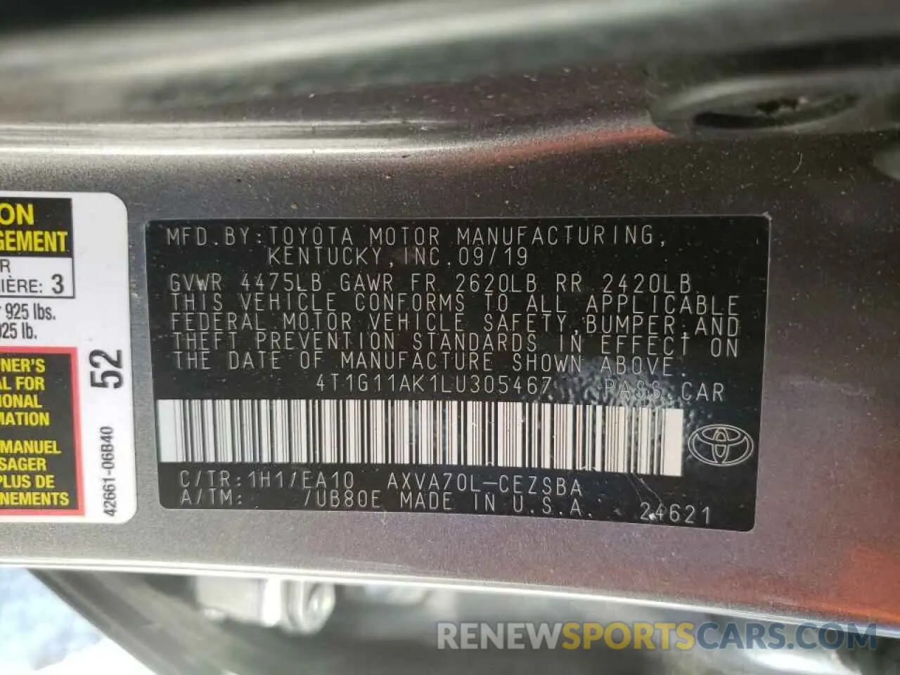 10 fotografías del automóvil dañado 4T1G11AK1LU305467 TOYOTA CAMRY 2020