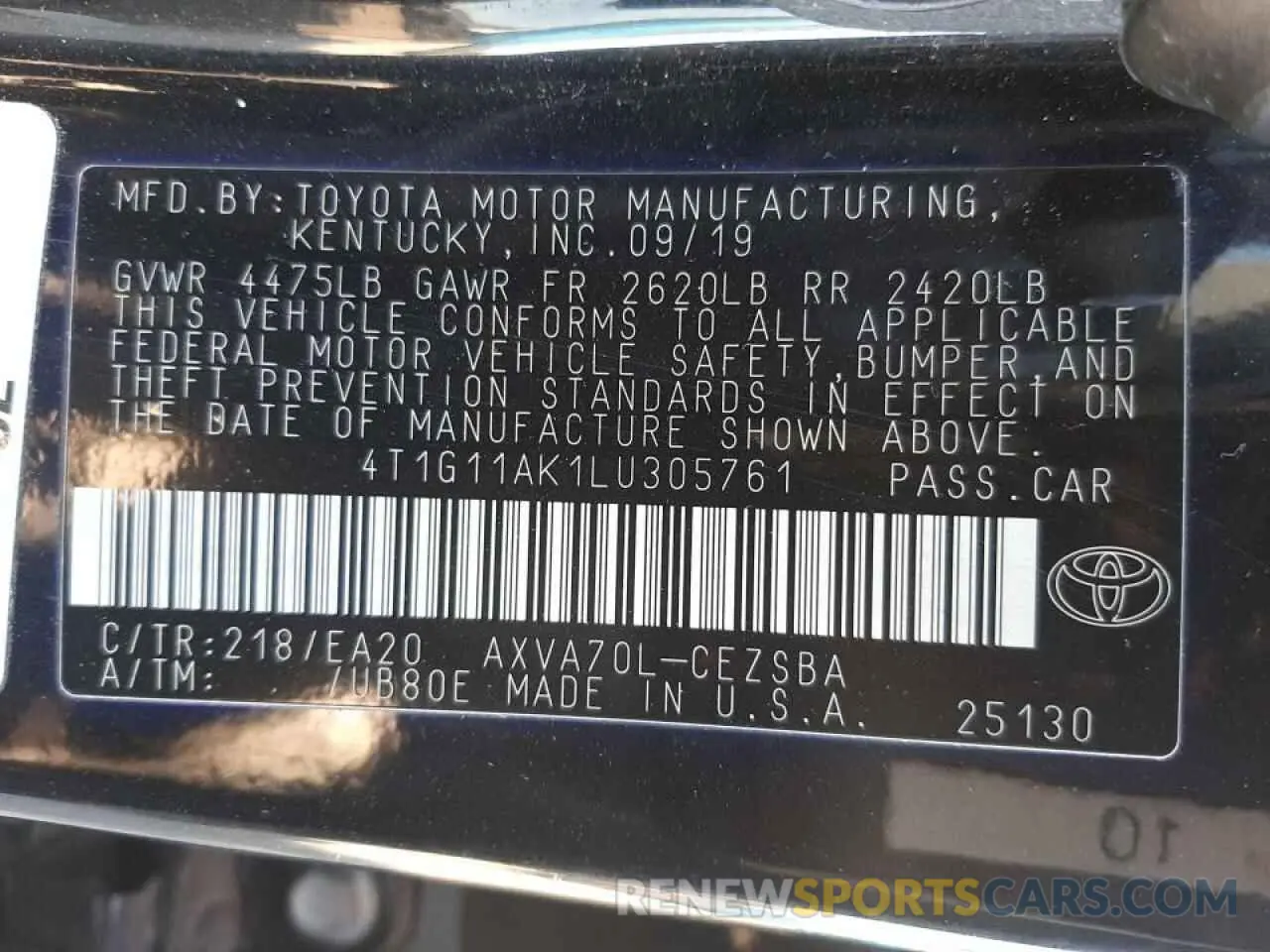 10 fotografías del automóvil dañado 4T1G11AK1LU305761 TOYOTA CAMRY 2020