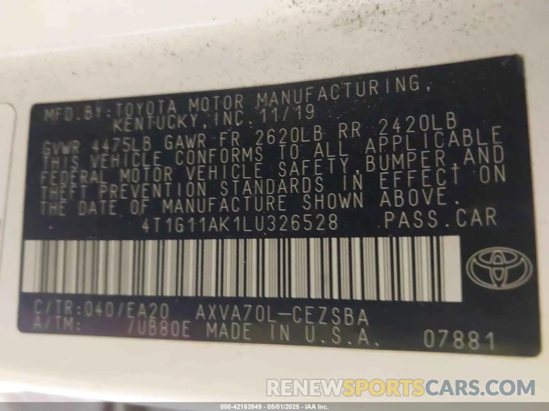 9 fotografías del automóvil dañado 4T1G11AK1LU326528 TOYOTA CAMRY 2020