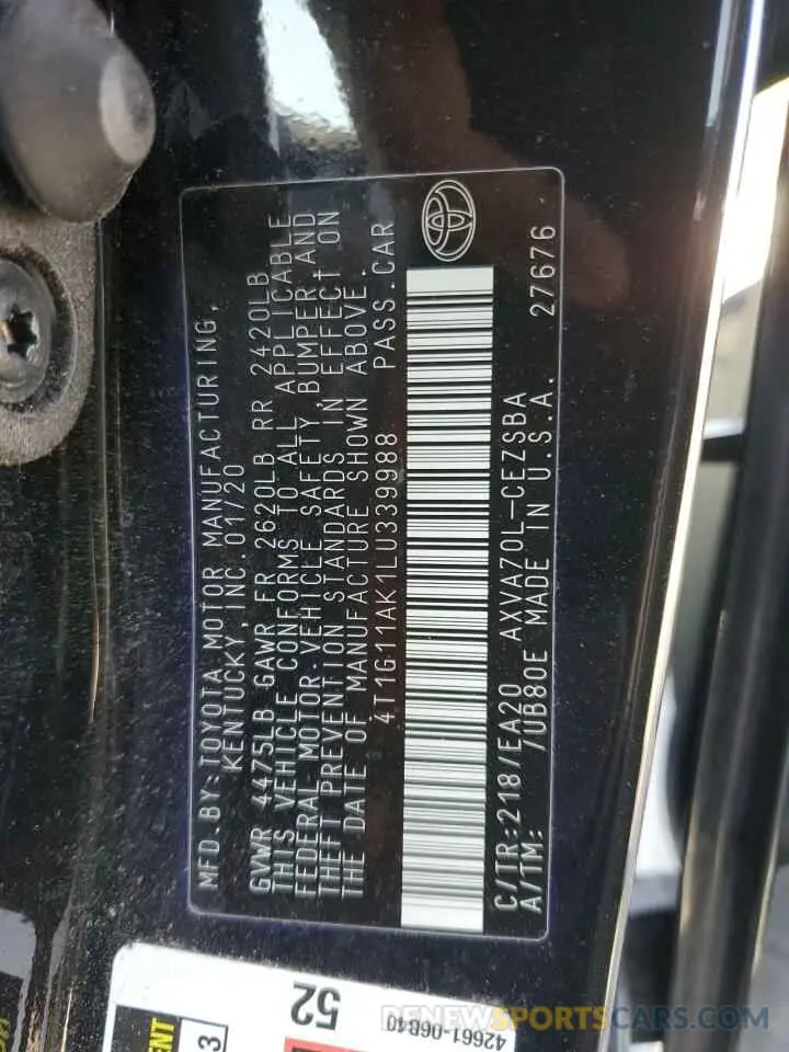 14 fotografías del automóvil dañado 4T1G11AK1LU339988 TOYOTA CAMRY 2020