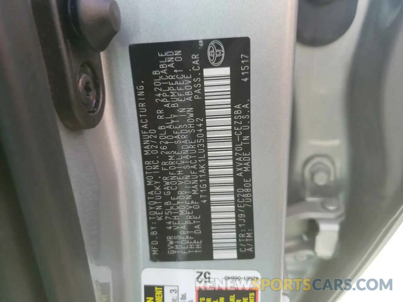 10 fotografías del automóvil dañado 4T1G11AK1LU350442 TOYOTA CAMRY 2020