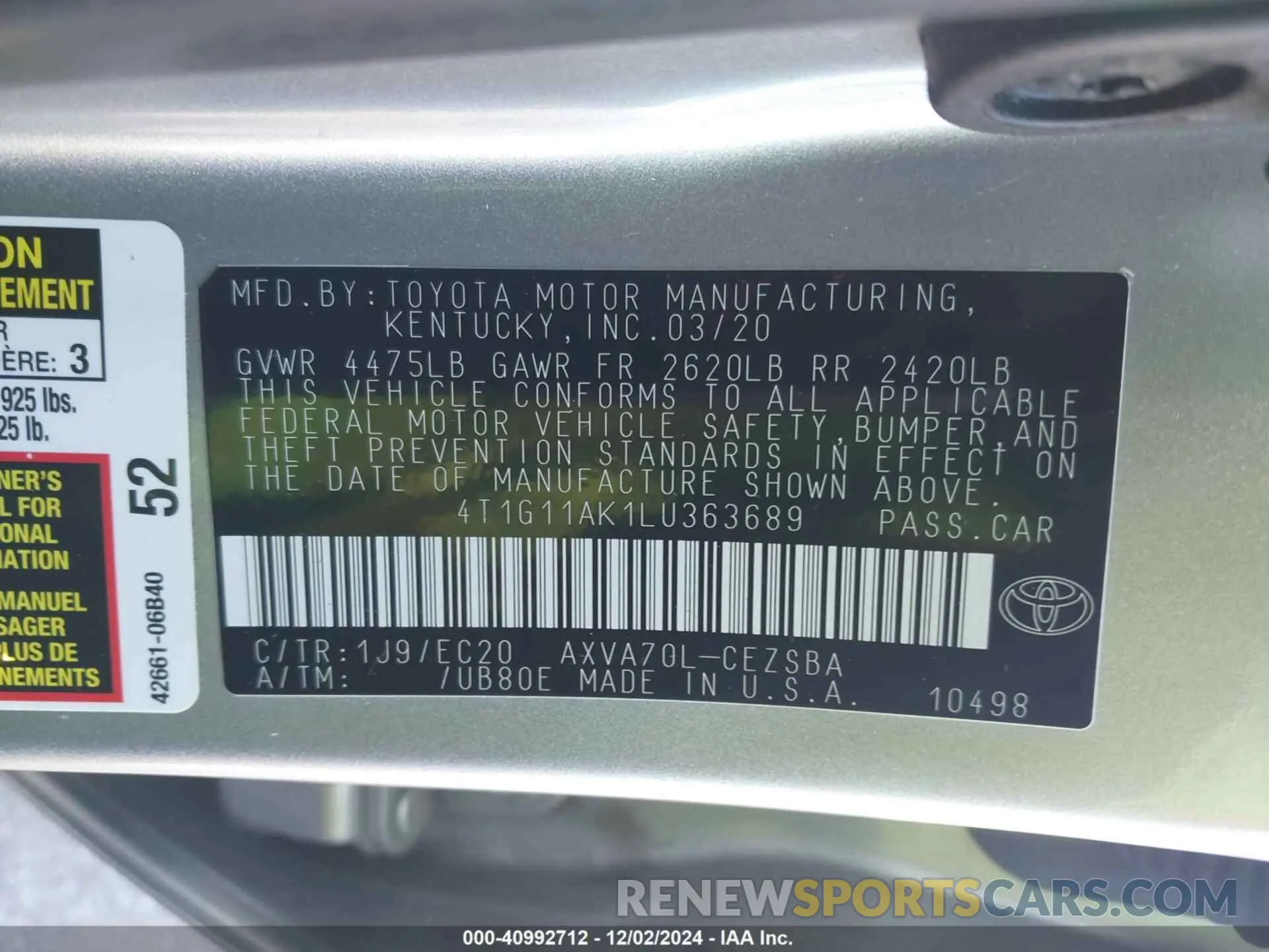 9 fotografías del automóvil dañado 4T1G11AK1LU363689 TOYOTA CAMRY 2020