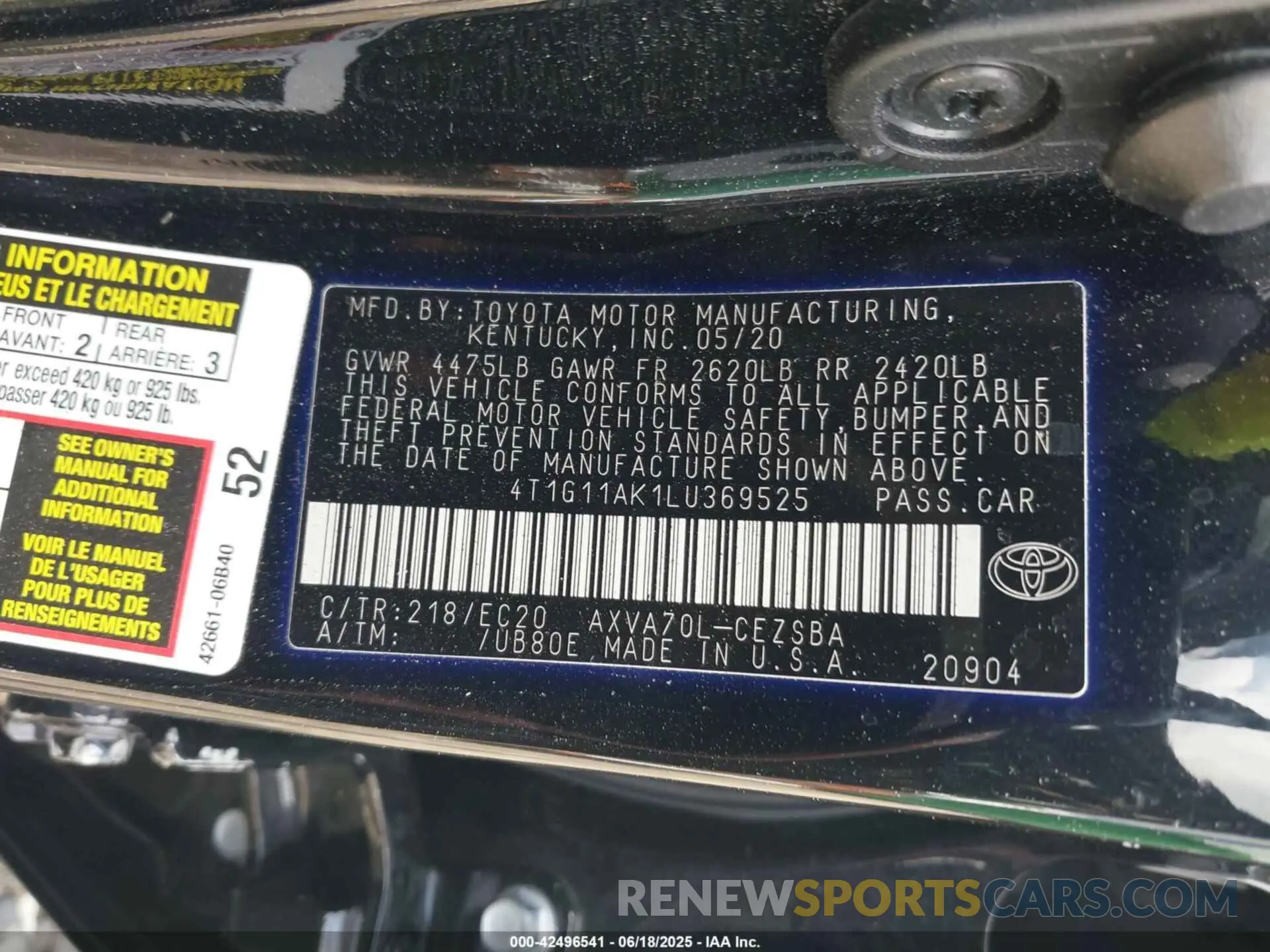 9 fotografías del automóvil dañado 4T1G11AK1LU369525 TOYOTA CAMRY 2020