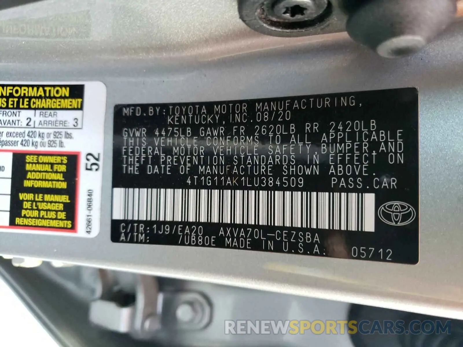 10 fotografías del automóvil dañado 4T1G11AK1LU384509 TOYOTA CAMRY 2020