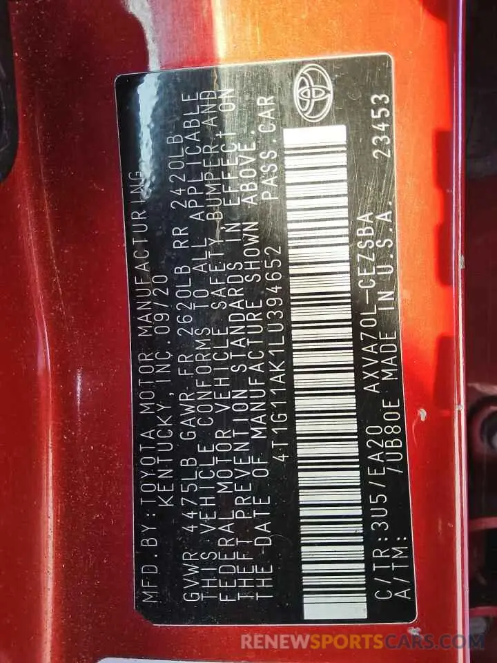 13 fotografías del automóvil dañado 4T1G11AK1LU394652 TOYOTA CAMRY 2020
