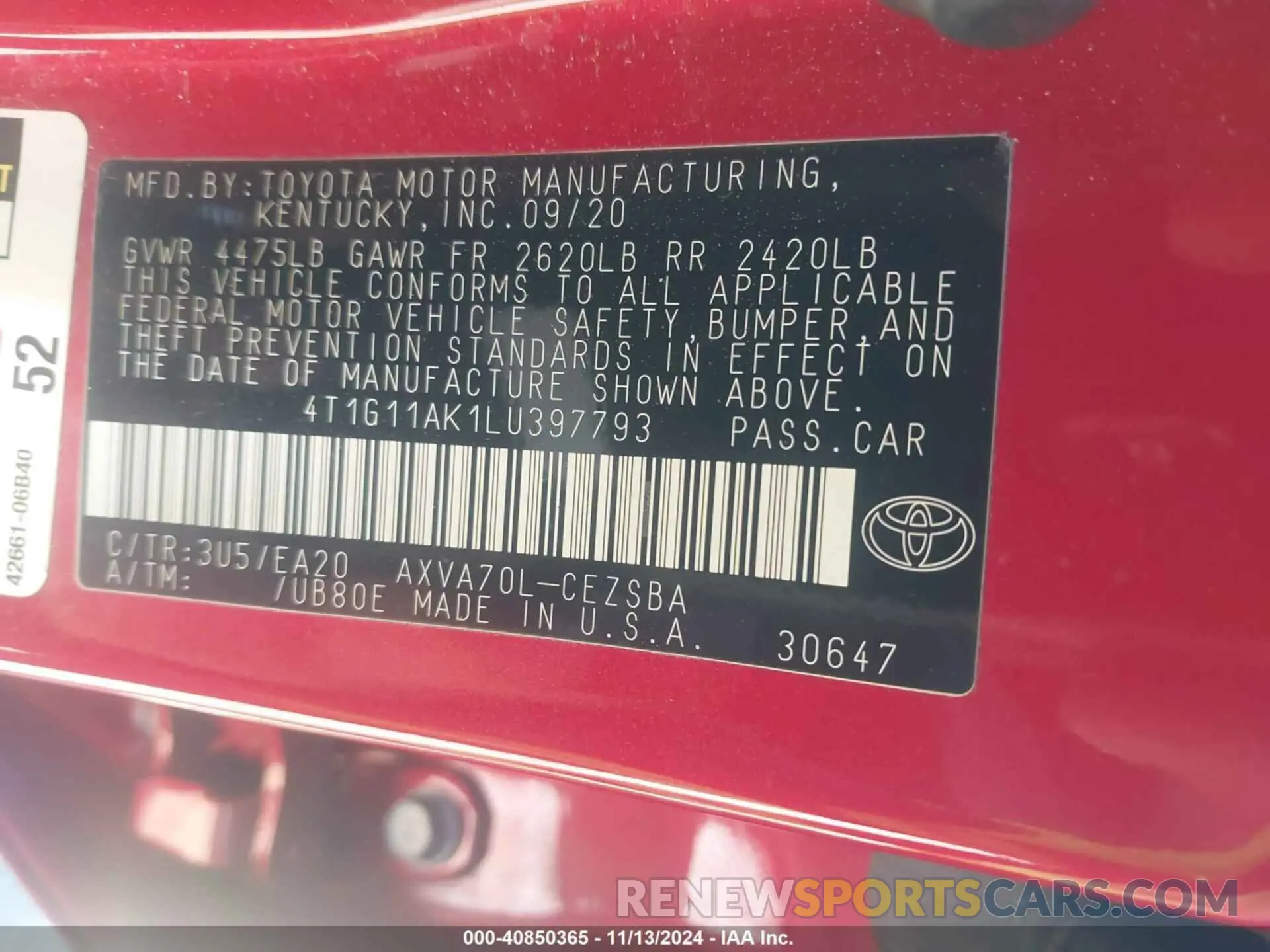 9 fotografías del automóvil dañado 4T1G11AK1LU397793 TOYOTA CAMRY 2020