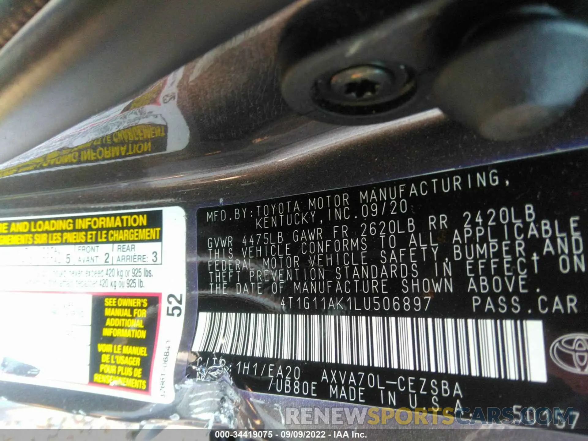 9 fotografías del automóvil dañado 4T1G11AK1LU506897 TOYOTA CAMRY 2020