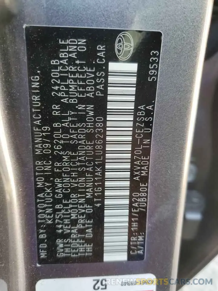 14 fotografías del automóvil dañado 4T1G11AK1LU862380 TOYOTA CAMRY 2020