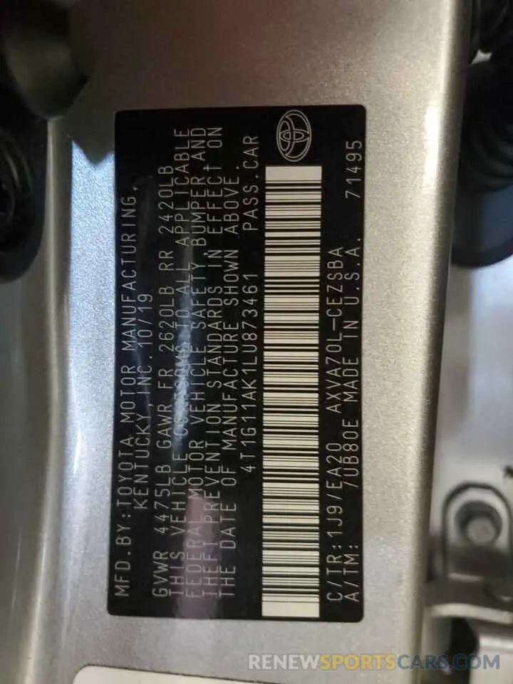12 fotografías del automóvil dañado 4T1G11AK1LU873461 TOYOTA CAMRY 2020