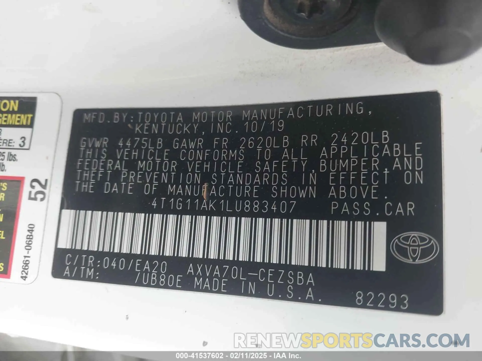 9 fotografías del automóvil dañado 4T1G11AK1LU883407 TOYOTA CAMRY 2020
