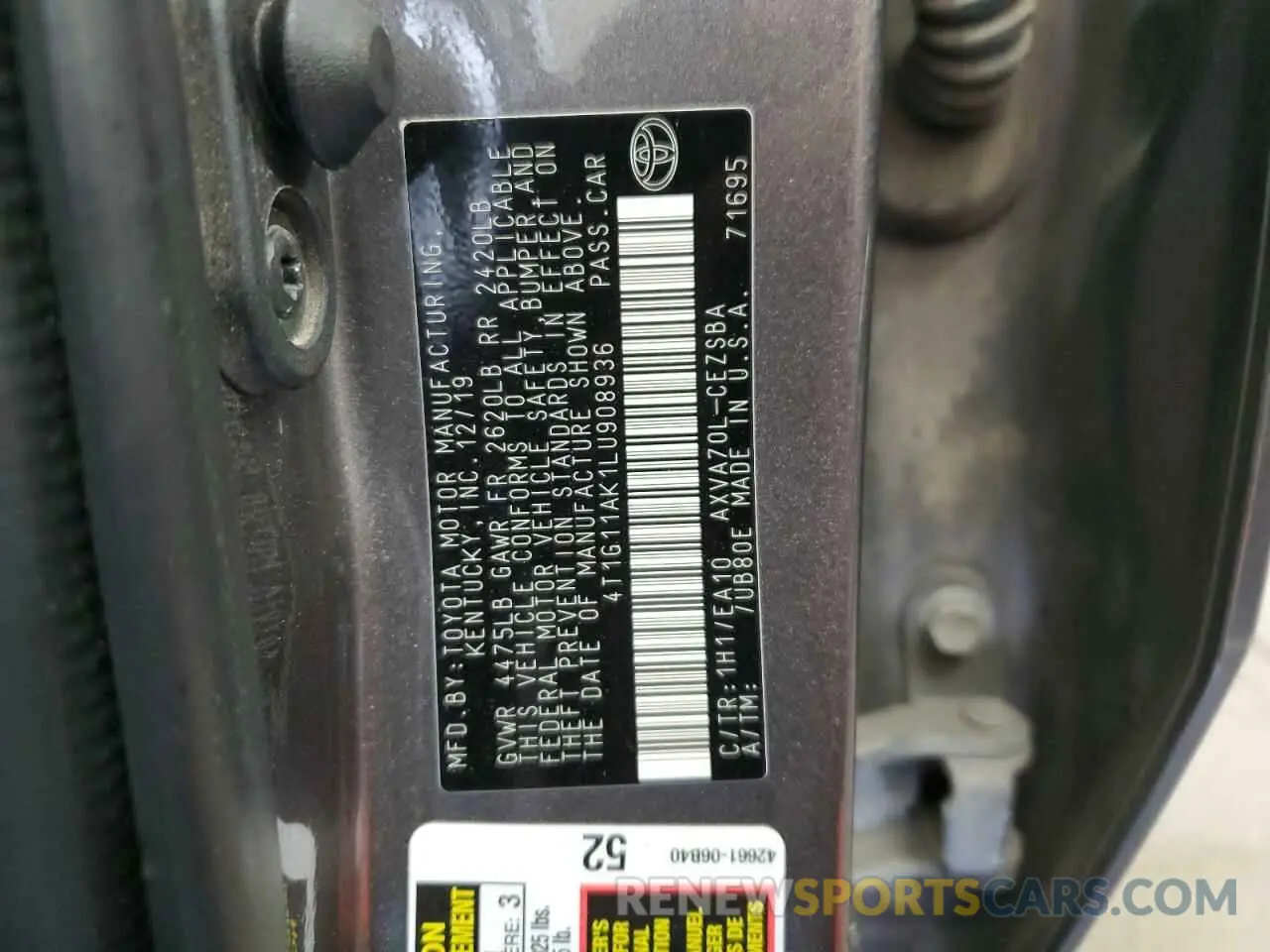 13 fotografías del automóvil dañado 4T1G11AK1LU908936 TOYOTA CAMRY 2020