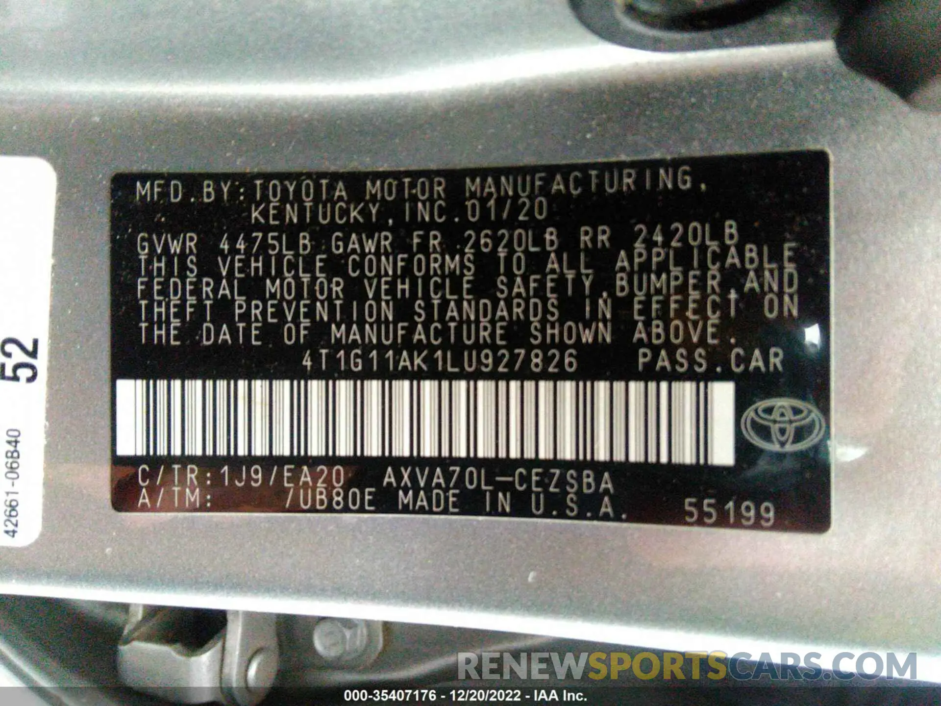 9 fotografías del automóvil dañado 4T1G11AK1LU927826 TOYOTA CAMRY 2020