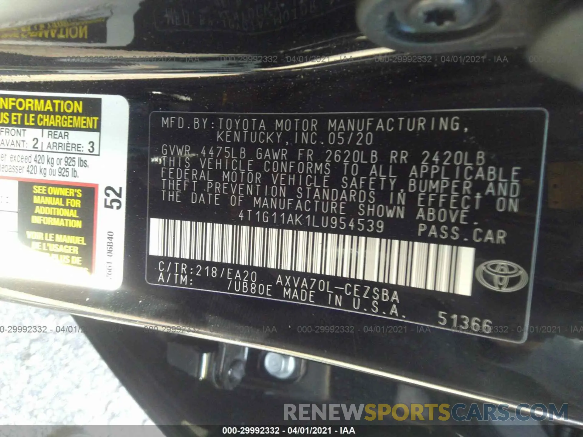 9 fotografías del automóvil dañado 4T1G11AK1LU954539 TOYOTA CAMRY 2020