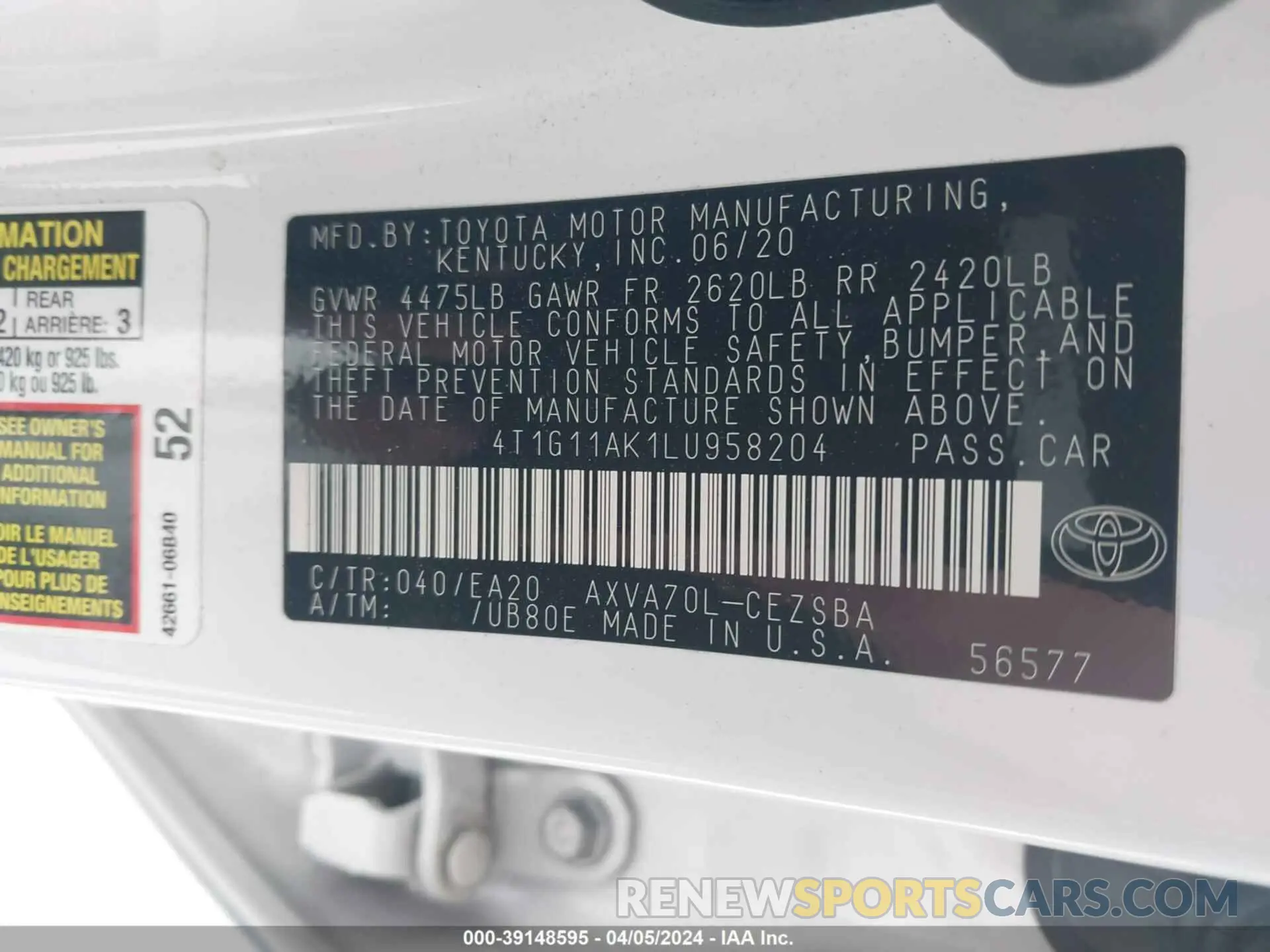 9 fotografías del automóvil dañado 4T1G11AK1LU958204 TOYOTA CAMRY 2020