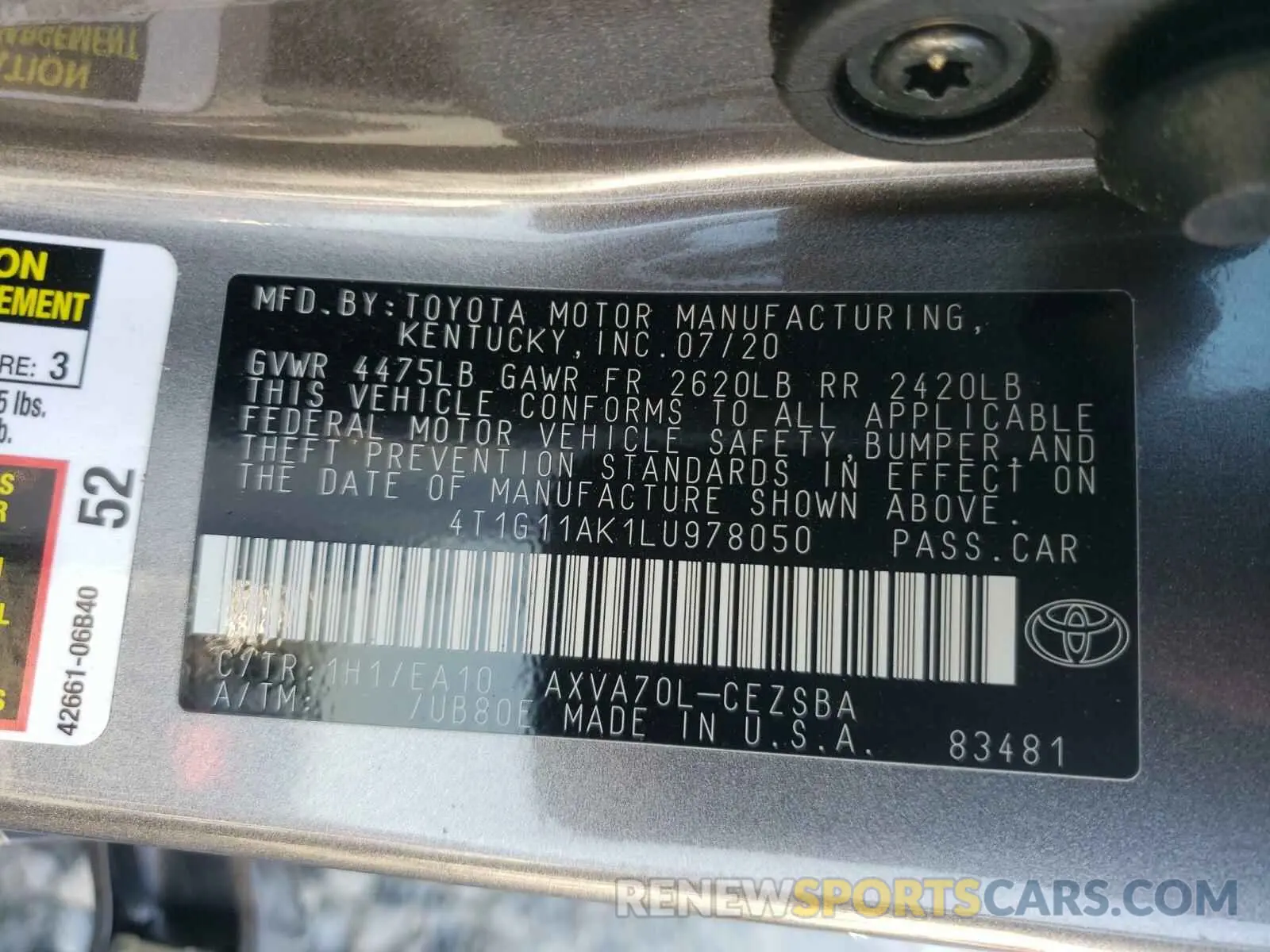 10 fotografías del automóvil dañado 4T1G11AK1LU978050 TOYOTA CAMRY 2020