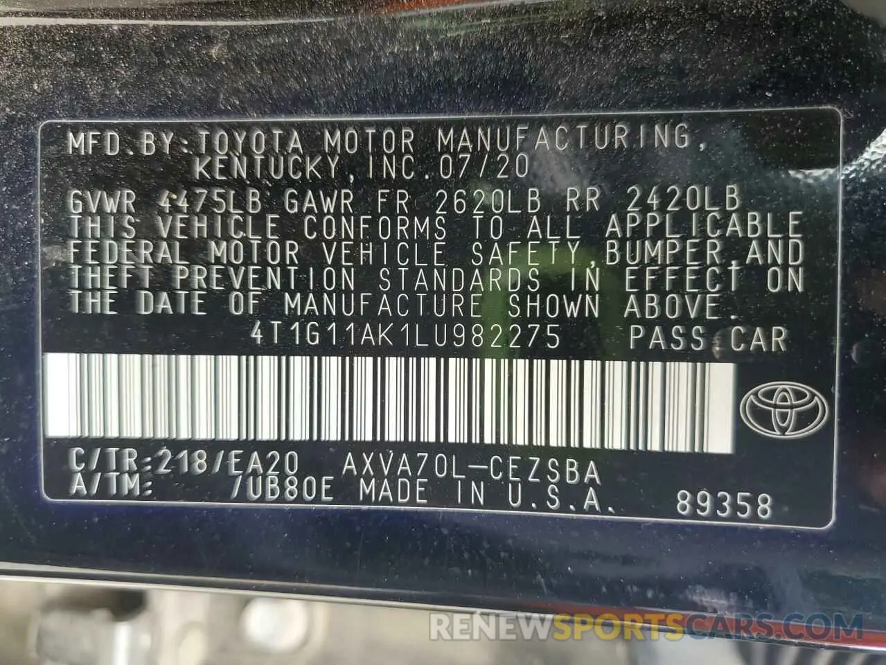 13 fotografías del automóvil dañado 4T1G11AK1LU982275 TOYOTA CAMRY 2020