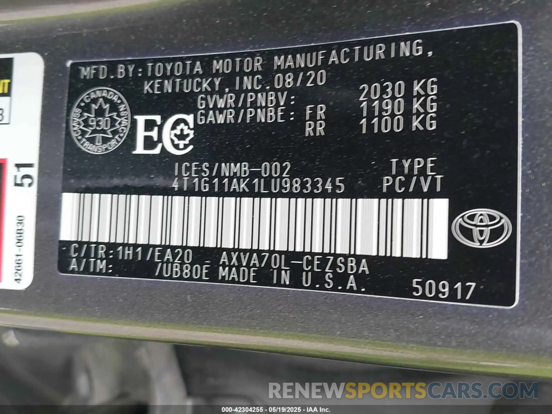 9 fotografías del automóvil dañado 4T1G11AK1LU983345 TOYOTA CAMRY 2020