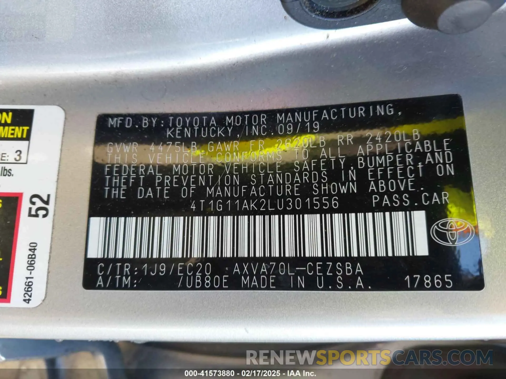 9 fotografías del automóvil dañado 4T1G11AK2LU301556 TOYOTA CAMRY 2020