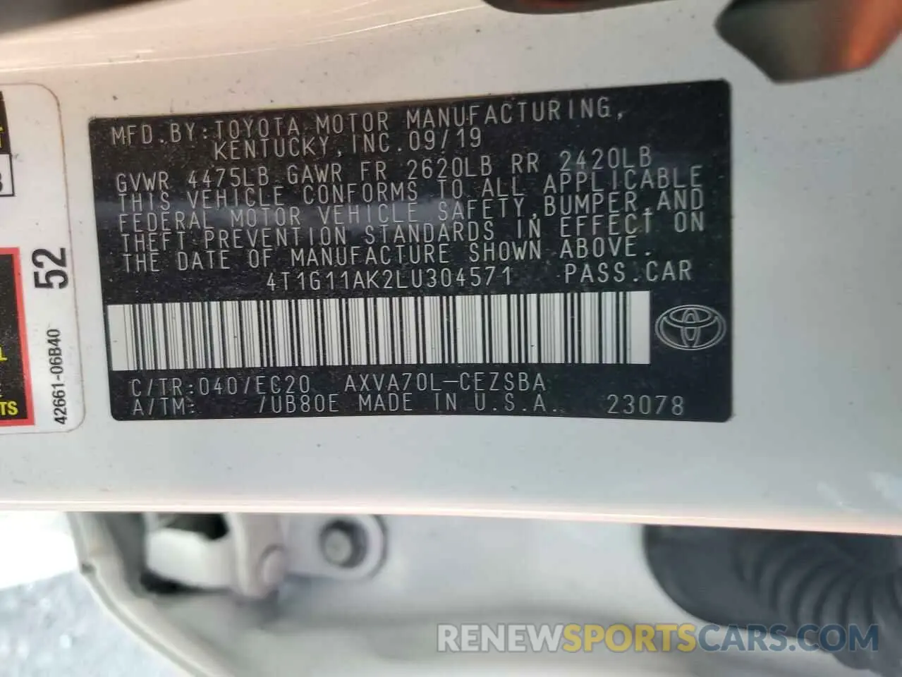 14 fotografías del automóvil dañado 4T1G11AK2LU304571 TOYOTA CAMRY 2020