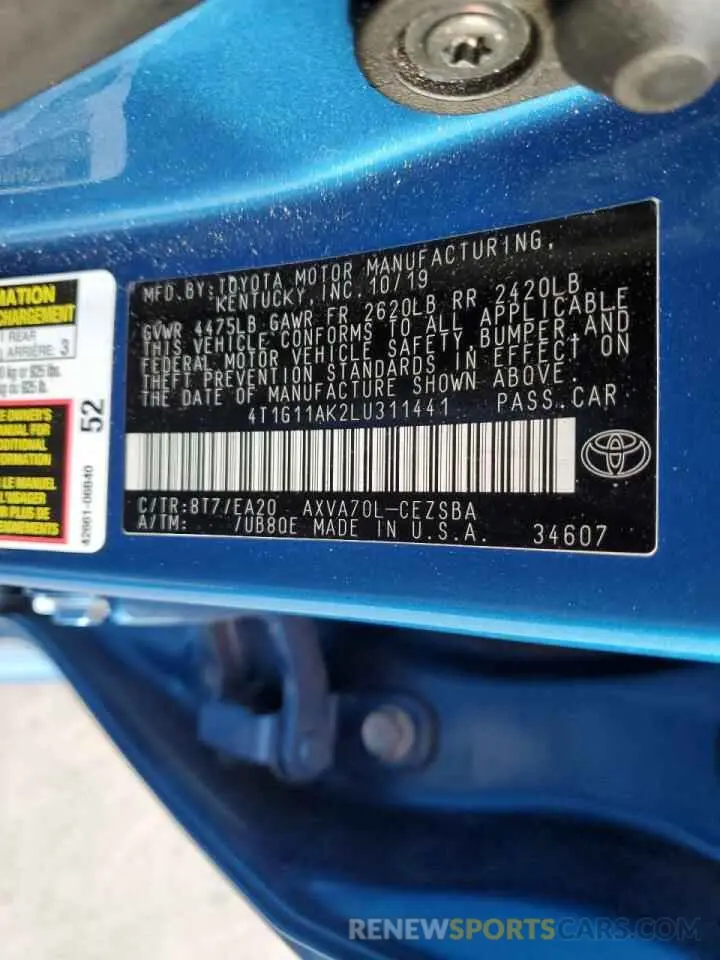 10 fotografías del automóvil dañado 4T1G11AK2LU311441 TOYOTA CAMRY 2020