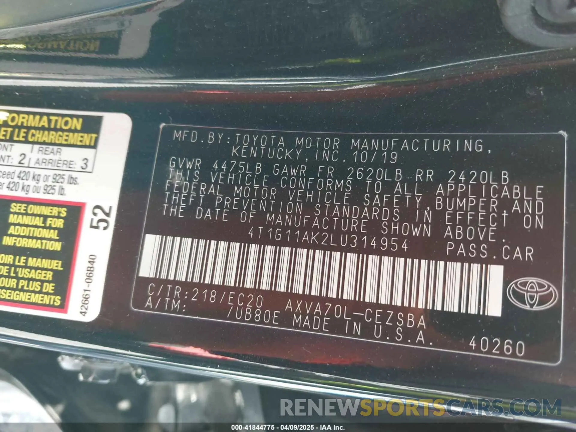 9 fotografías del automóvil dañado 4T1G11AK2LU314954 TOYOTA CAMRY 2020