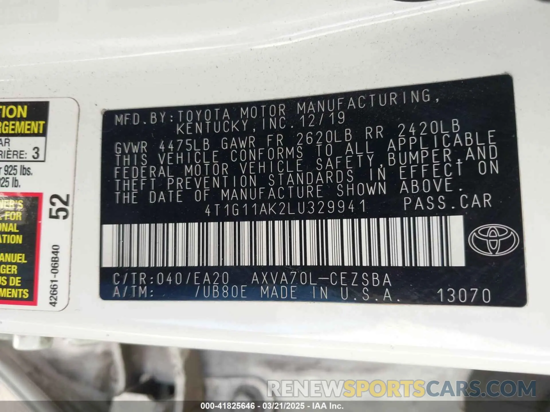 9 fotografías del automóvil dañado 4T1G11AK2LU329941 TOYOTA CAMRY 2020