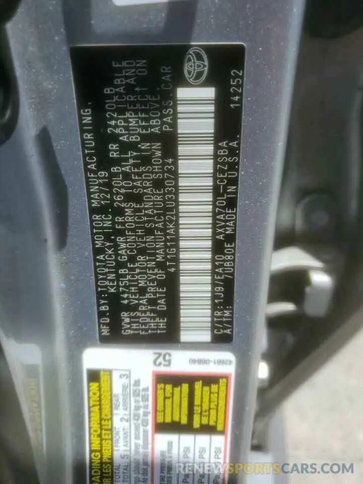 12 fotografías del automóvil dañado 4T1G11AK2LU330734 TOYOTA CAMRY 2020