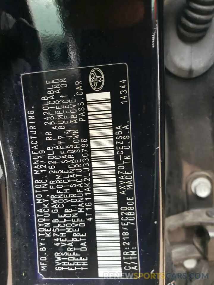 12 fotografías del automóvil dañado 4T1G11AK2LU330796 TOYOTA CAMRY 2020
