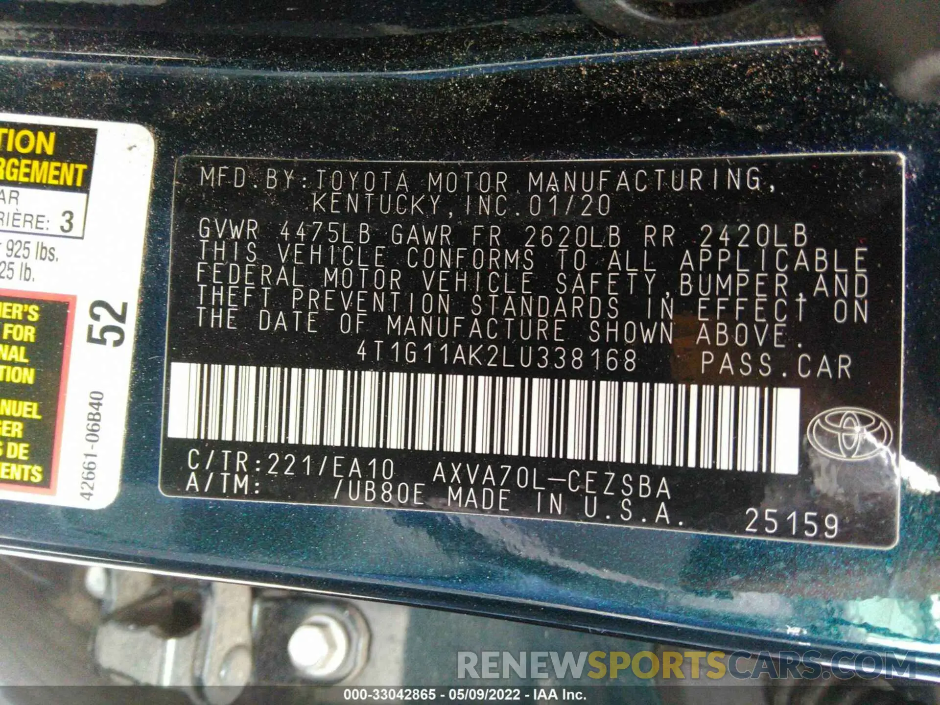 9 fotografías del automóvil dañado 4T1G11AK2LU338168 TOYOTA CAMRY 2020
