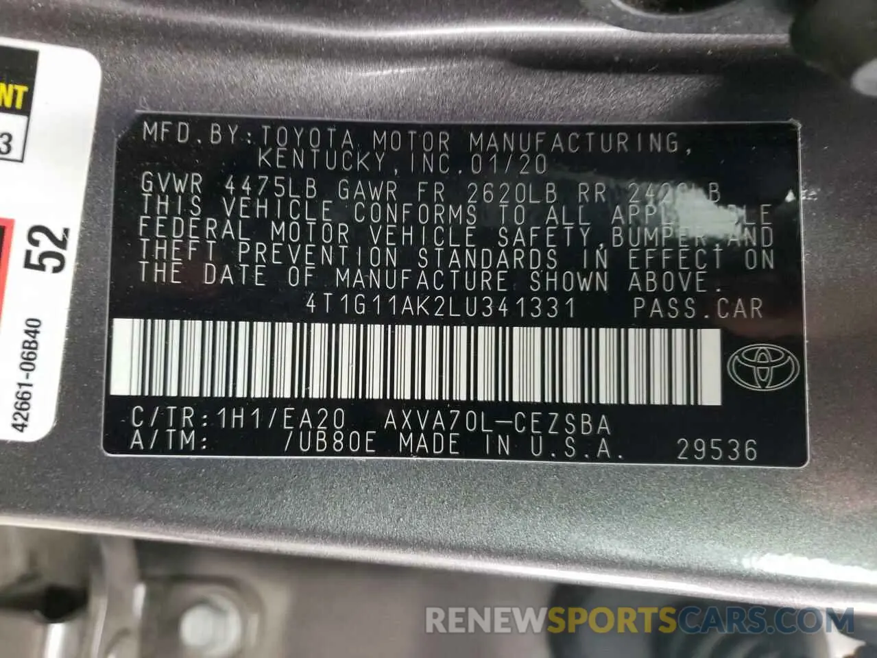 10 fotografías del automóvil dañado 4T1G11AK2LU341331 TOYOTA CAMRY 2020