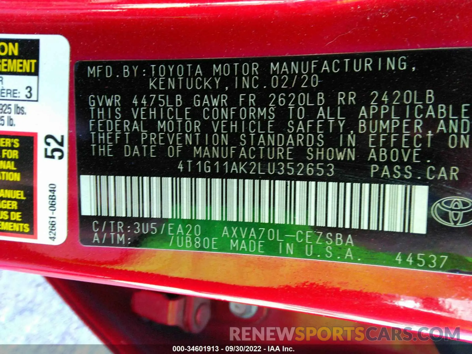 9 fotografías del automóvil dañado 4T1G11AK2LU352653 TOYOTA CAMRY 2020