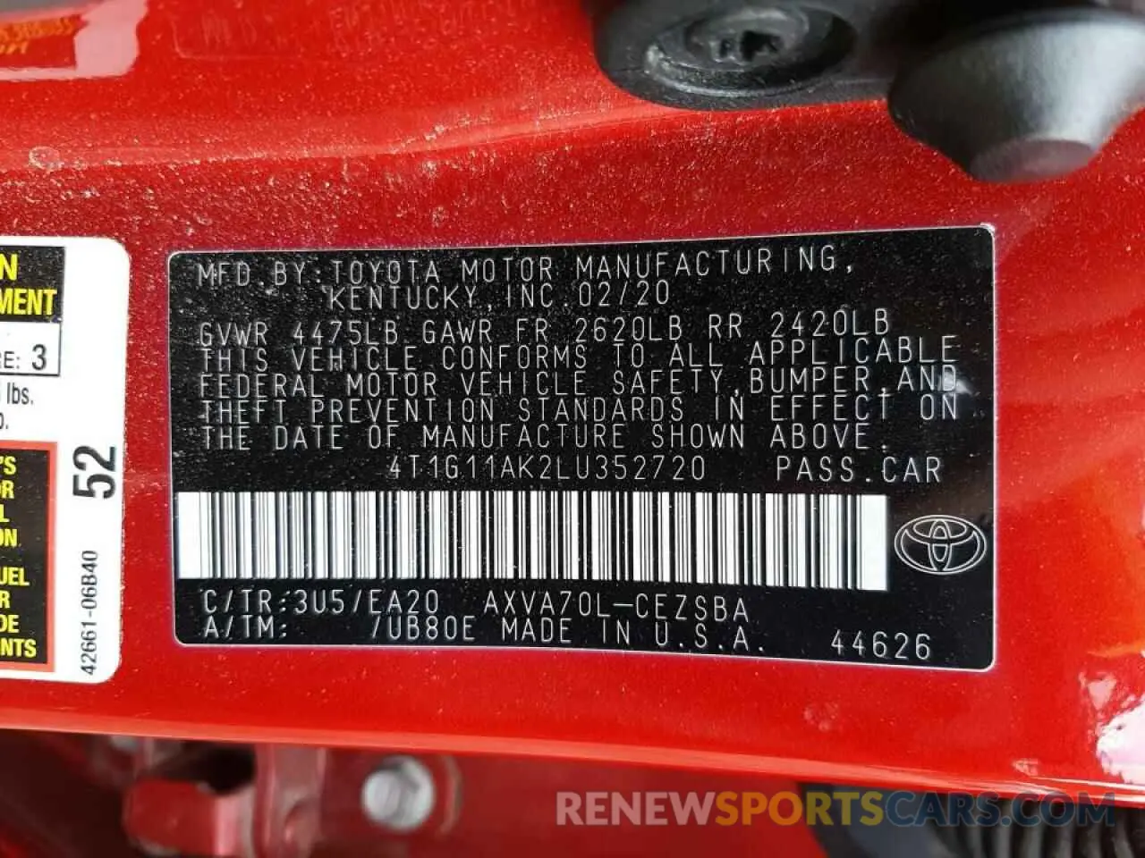 10 fotografías del automóvil dañado 4T1G11AK2LU352720 TOYOTA CAMRY 2020