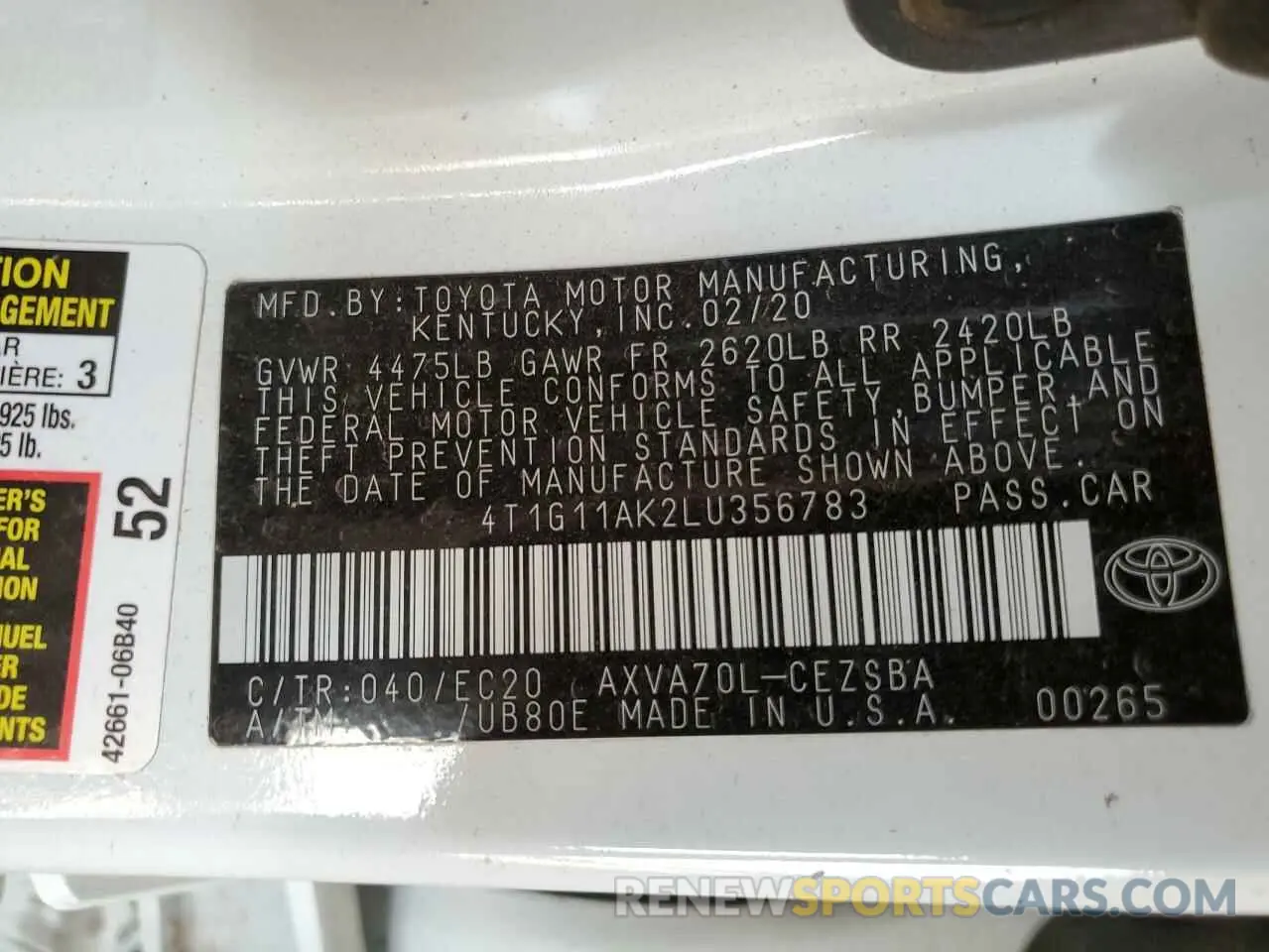 12 fotografías del automóvil dañado 4T1G11AK2LU356783 TOYOTA CAMRY 2020