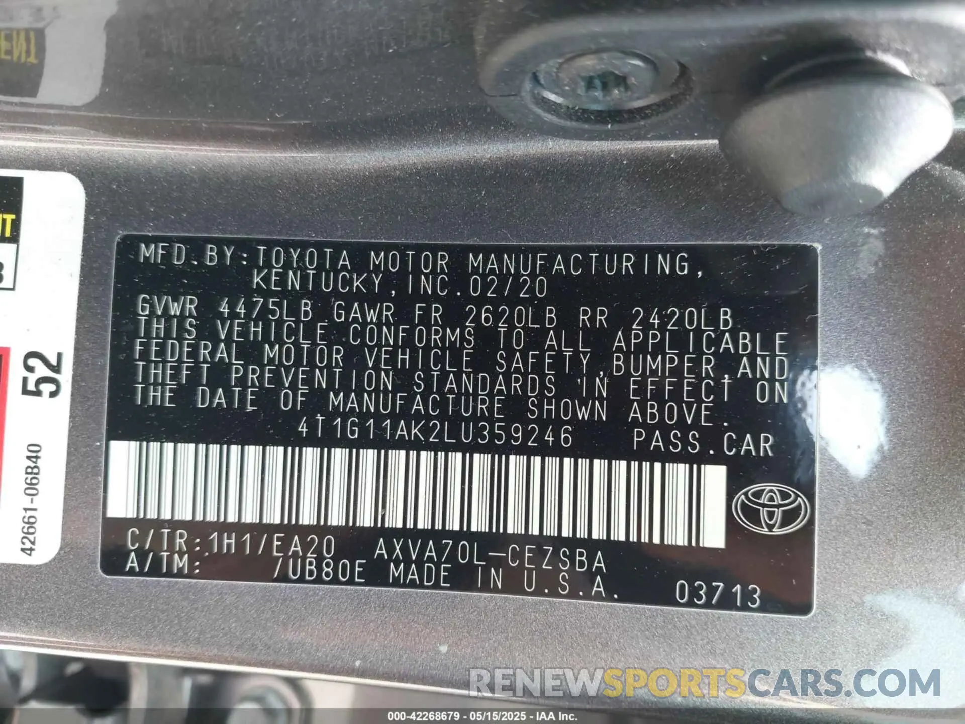 9 fotografías del automóvil dañado 4T1G11AK2LU359246 TOYOTA CAMRY 2020
