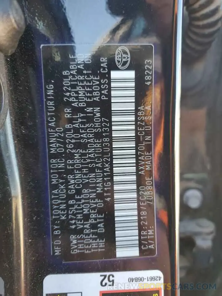 12 fotografías del automóvil dañado 4T1G11AK2LU381327 TOYOTA CAMRY 2020