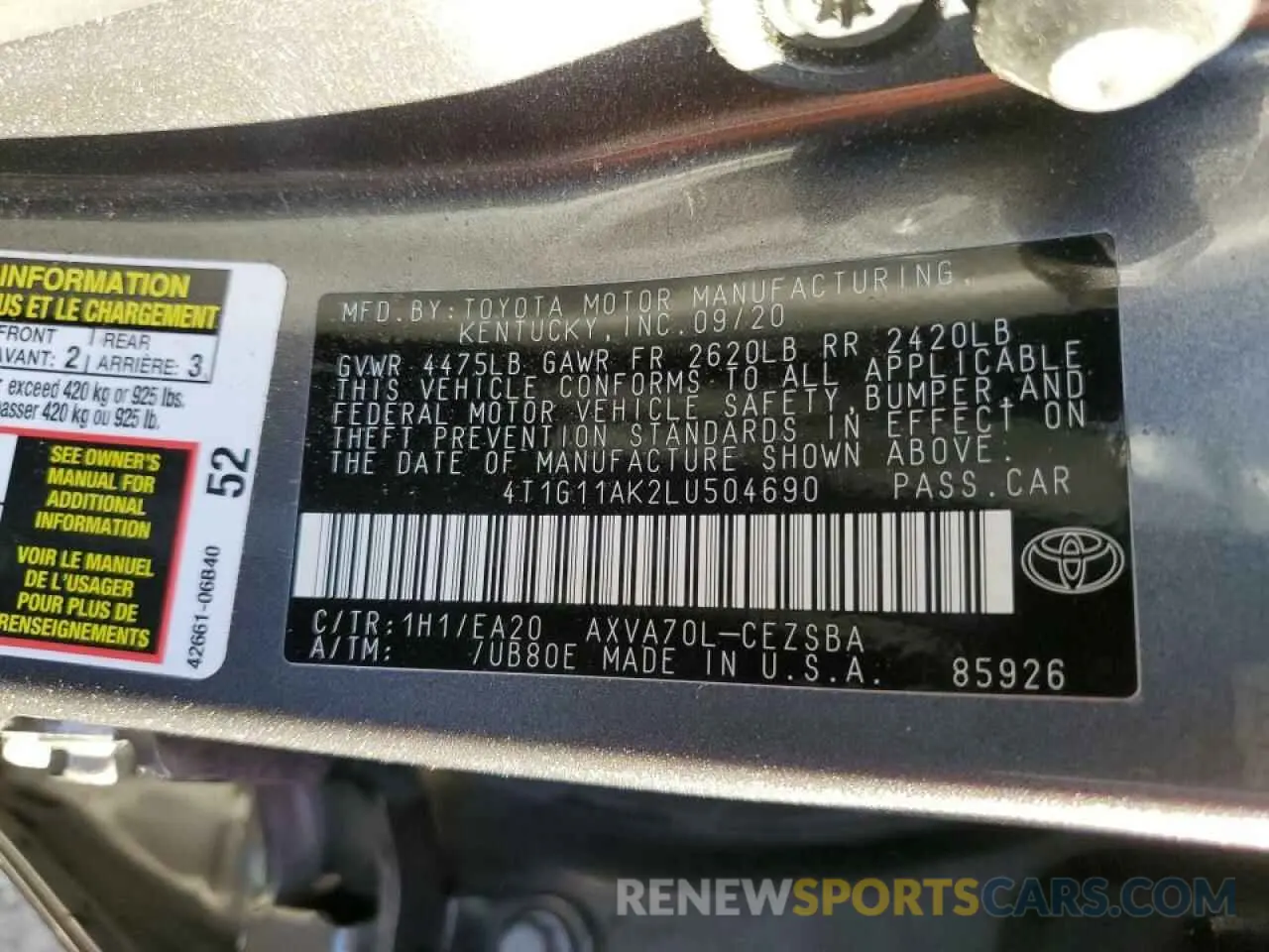 13 fotografías del automóvil dañado 4T1G11AK2LU504690 TOYOTA CAMRY 2020
