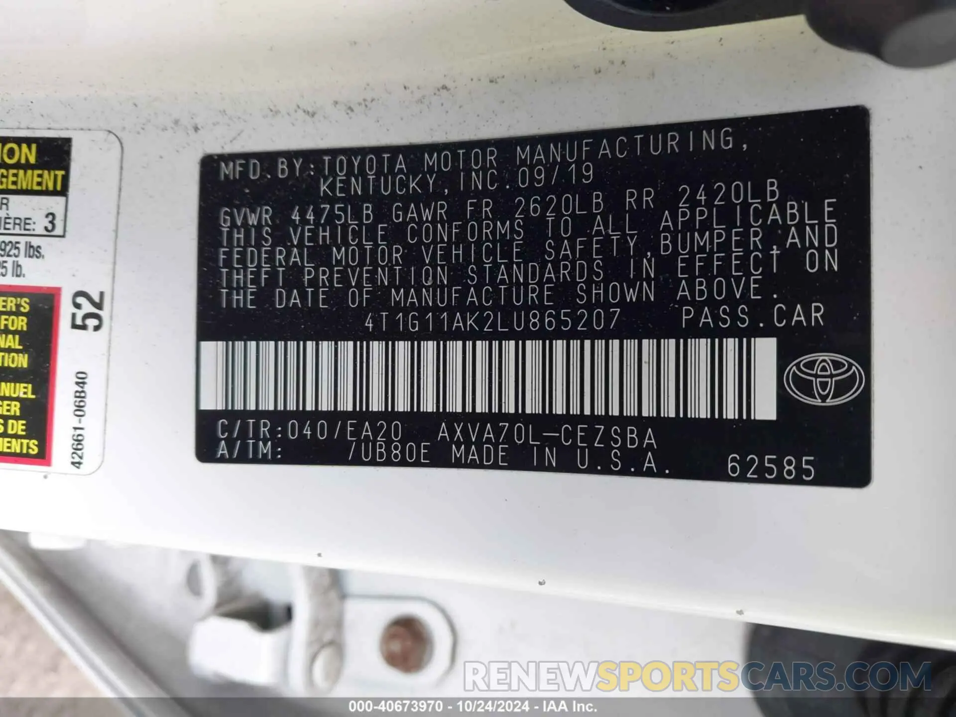 9 fotografías del automóvil dañado 4T1G11AK2LU865207 TOYOTA CAMRY 2020
