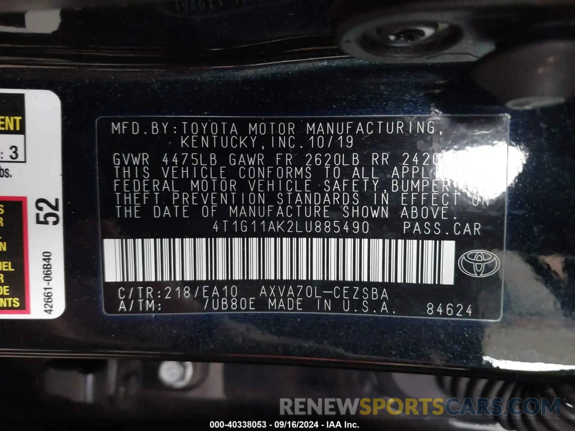 9 fotografías del automóvil dañado 4T1G11AK2LU885490 TOYOTA CAMRY 2020