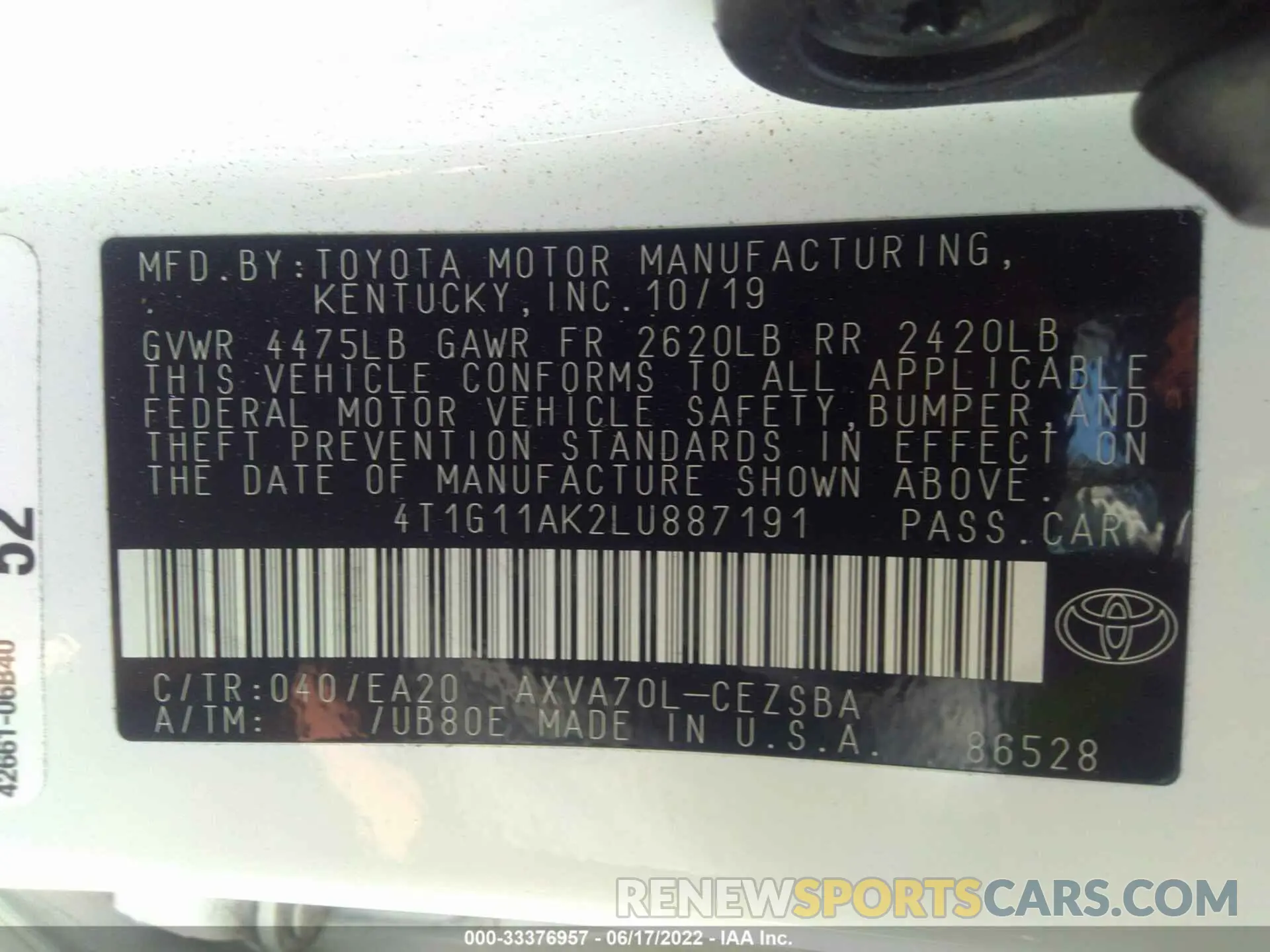 9 fotografías del automóvil dañado 4T1G11AK2LU887191 TOYOTA CAMRY 2020