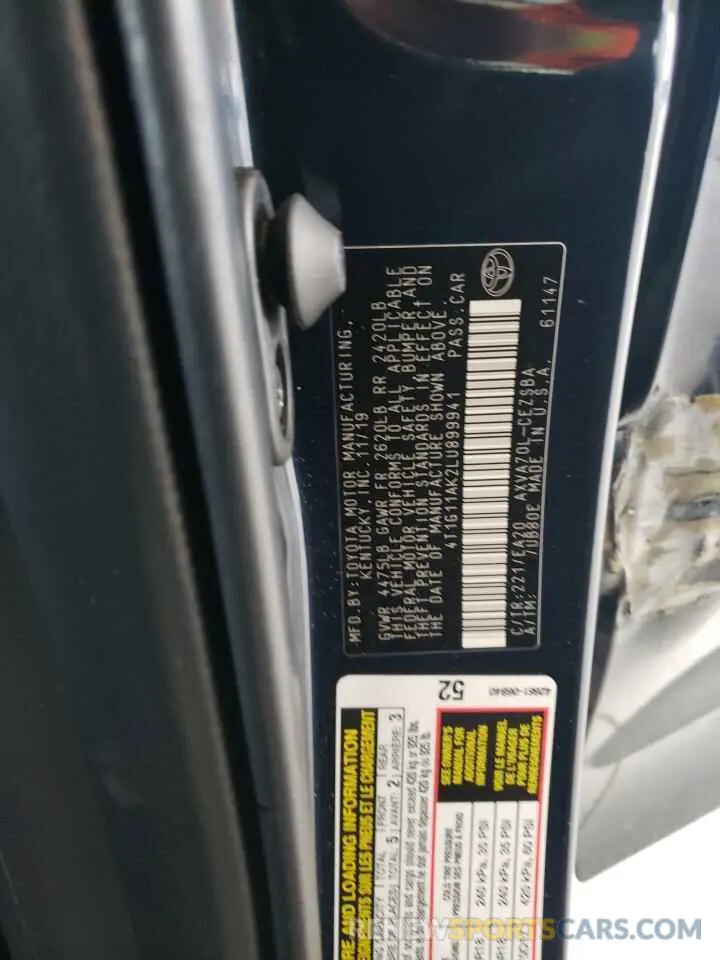 12 fotografías del automóvil dañado 4T1G11AK2LU899941 TOYOTA CAMRY 2020