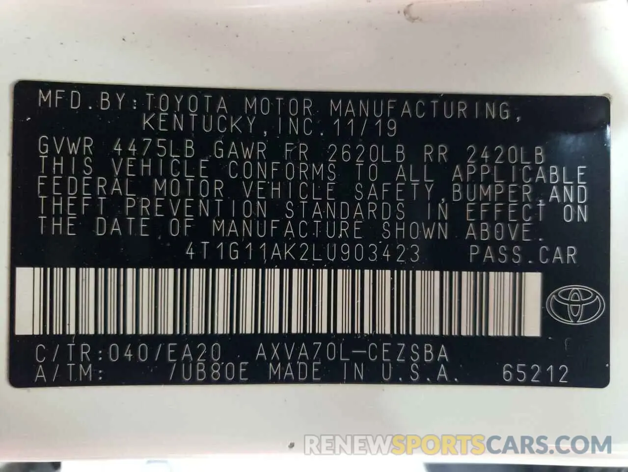 12 fotografías del automóvil dañado 4T1G11AK2LU903423 TOYOTA CAMRY 2020