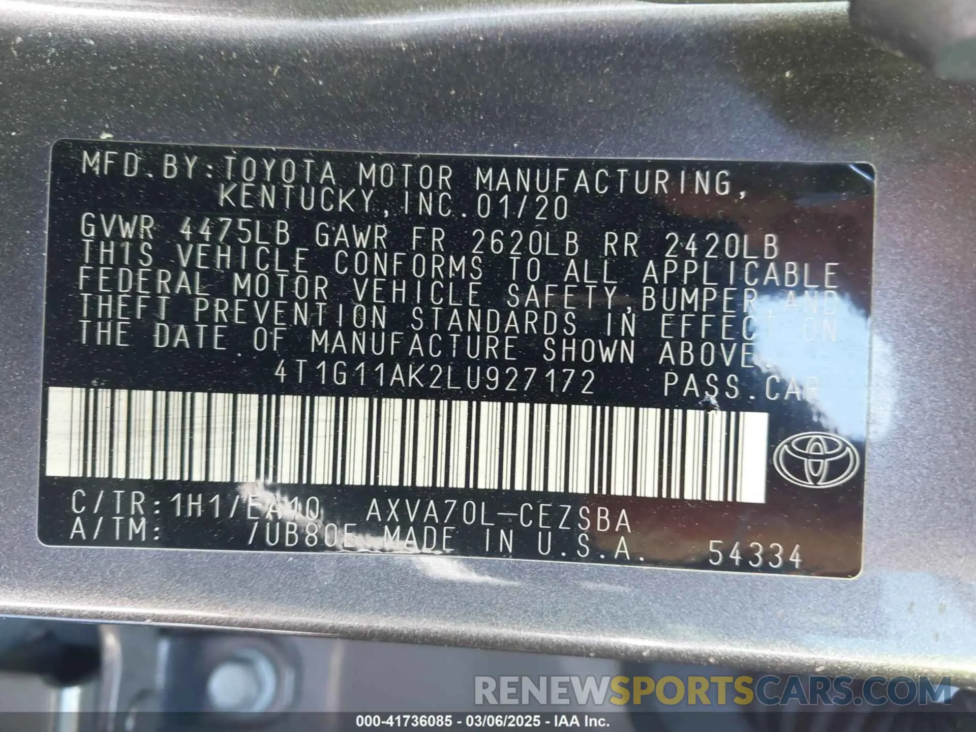 9 fotografías del automóvil dañado 4T1G11AK2LU927172 TOYOTA CAMRY 2020