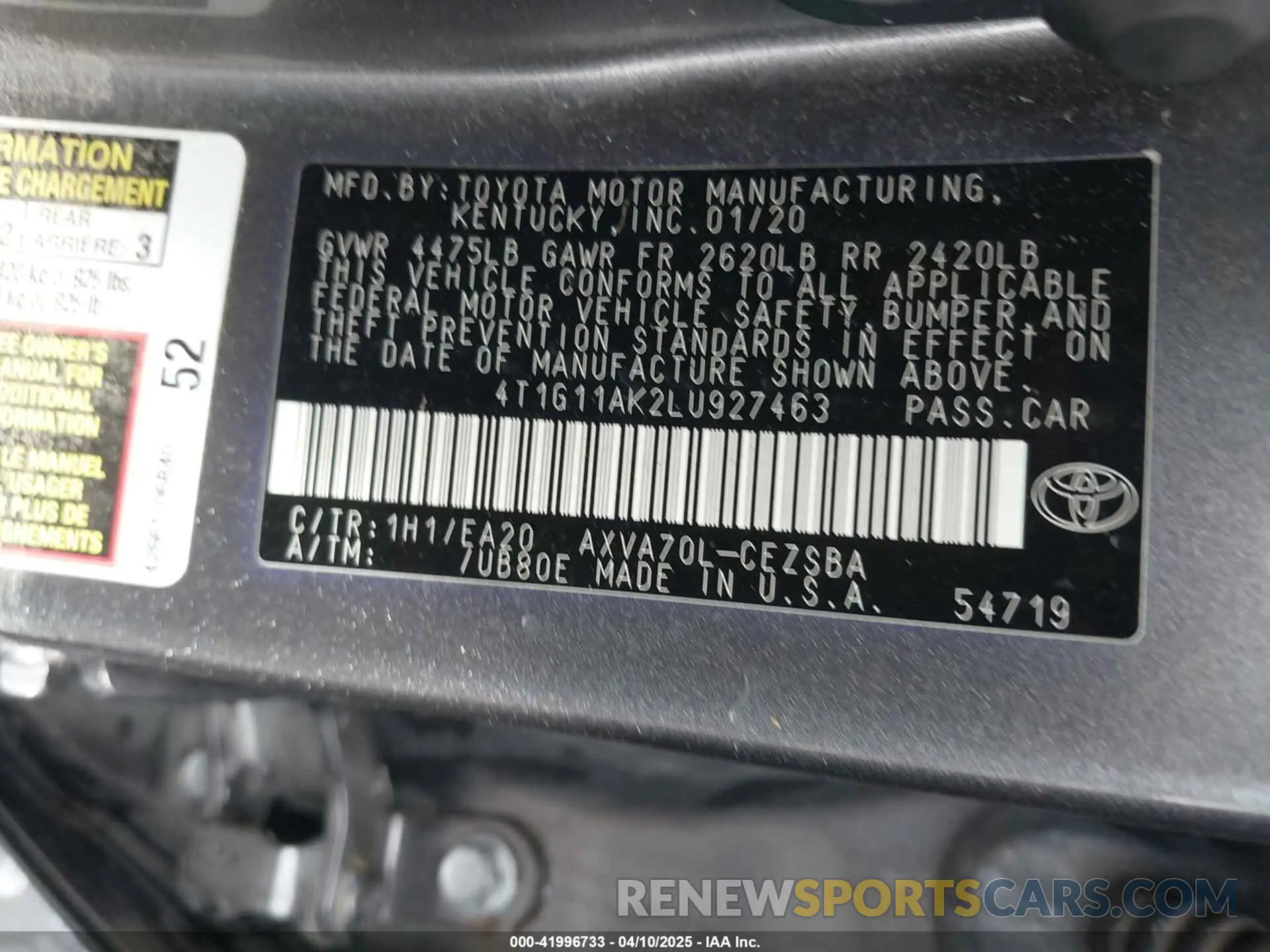 9 fotografías del automóvil dañado 4T1G11AK2LU927463 TOYOTA CAMRY 2020