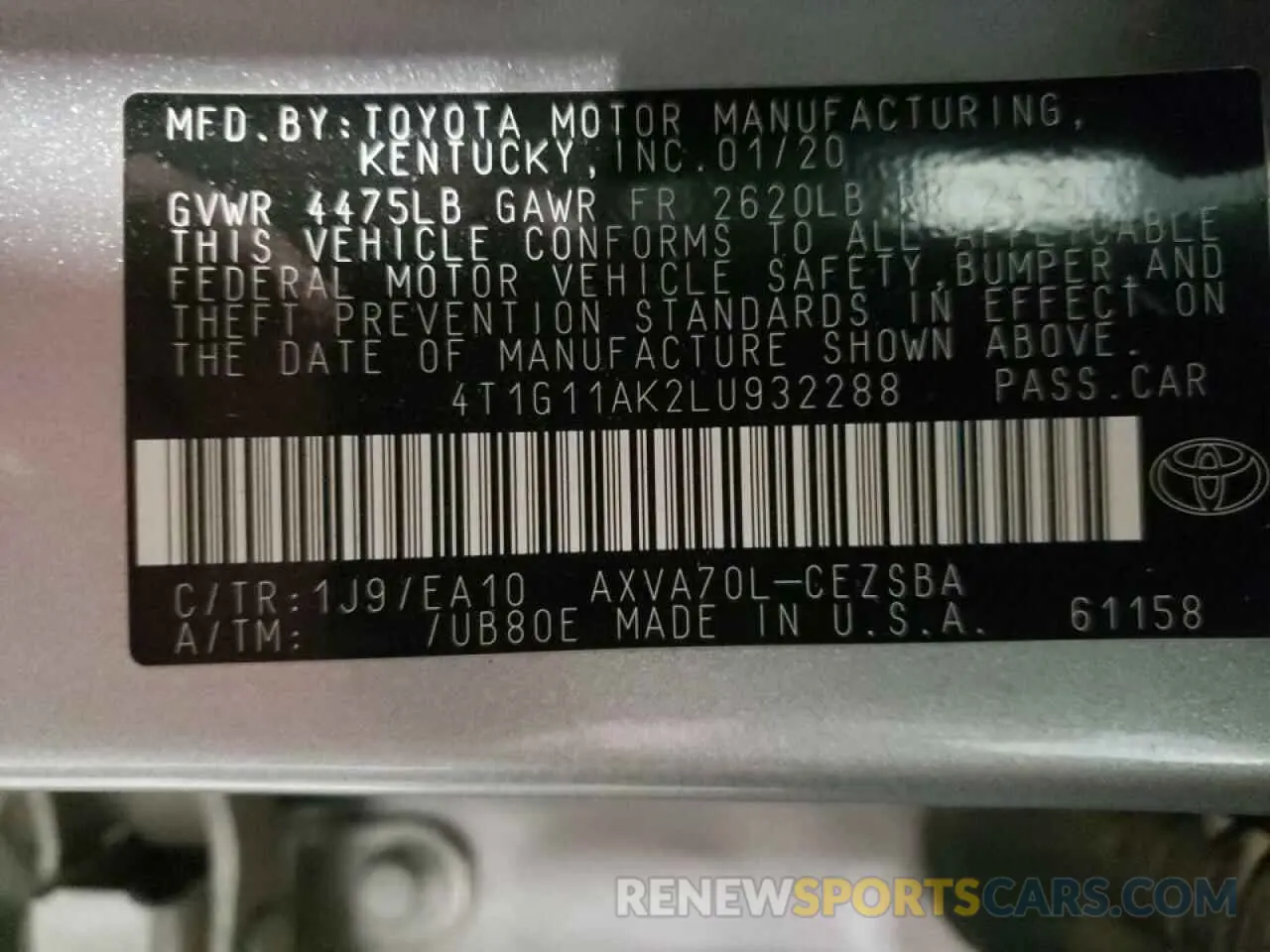 10 fotografías del automóvil dañado 4T1G11AK2LU932288 TOYOTA CAMRY 2020