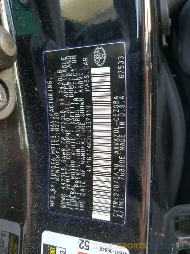 10 fotografías del automóvil dañado 4T1G11AK2LU937149 TOYOTA CAMRY 2020