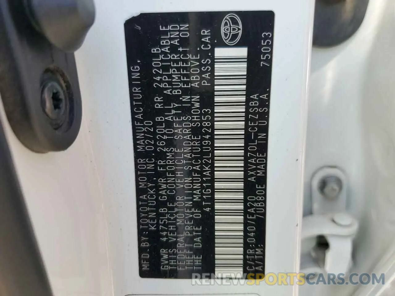 12 fotografías del automóvil dañado 4T1G11AK2LU942853 TOYOTA CAMRY 2020