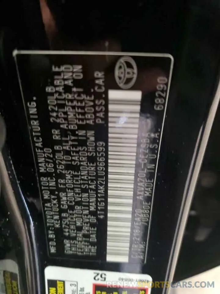 12 fotografías del automóvil dañado 4T1G11AK2LU966599 TOYOTA CAMRY 2020